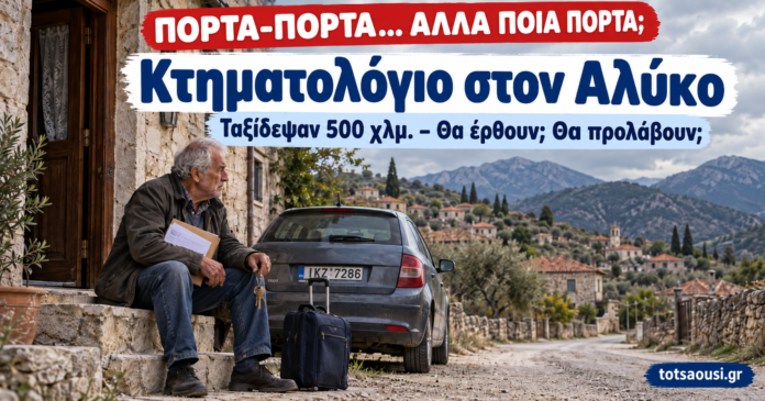 Ηλικιωμένος με κλειδιά και έγγραφα περιμένει έξω από πέτρινο σπίτι στον Αλύκο – Πόρτα-Πόρτα Κτηματολογίου ASHK